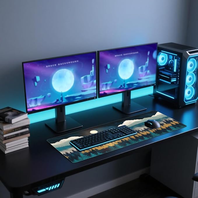 Golden Forest Desk Mat Gaming Mouse Pad Teal Mountain Moonlight Mist Mousepad Computer Keyboard Pad Mouse Mat Laptop Mat 31.5 x 11.8 Mouse Pads for Desk Home Office Gaming