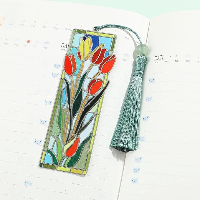 Elegant Tulip Flower Bookmark with Tassel for Women Lady - Metal Brass Book Mark for Book Lover Gifts, Studying Reading Supplies Books Accessories Collection