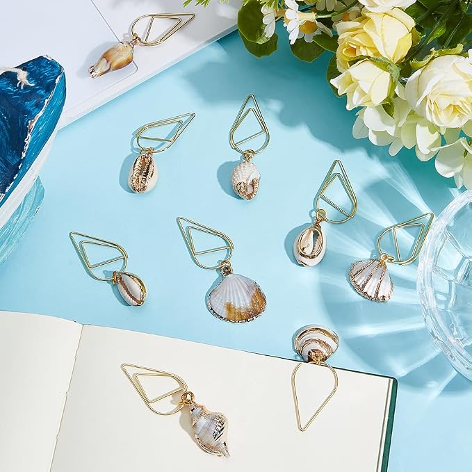 CRASPIRE 9 Styles Sea Shell Paper Clips Bookmark Metal Paperclip with Charms Ocean Seashell Conch Pendants Book Page Markers Journal Clamps for Books Document Note Planner Sort Organizing Office Home