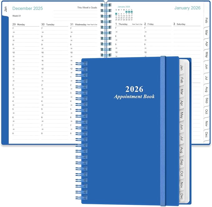2026 Appointment Book & Planner - A5 Daily Hourly Planner from January 2026 - December 2026, Weekly Appointment Book with 30-Minute Interval, Medium 6.4" x 8.5", Blue