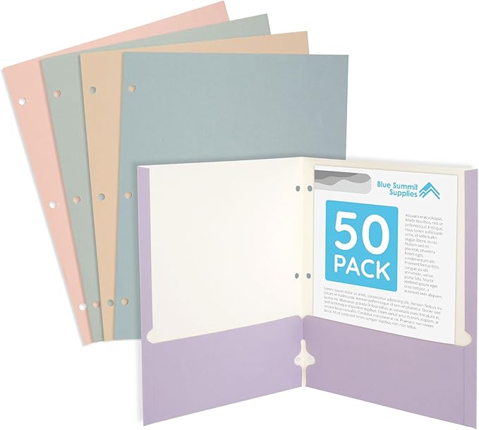 Blue Summit Pastel Colored Folders with Pockets, Paper Colored Pocket Folders, 3 Hole Punched, Two Pockets for Documents with Business Card Slot, Presentations and Classes, Assorted Colors, 50 Pack