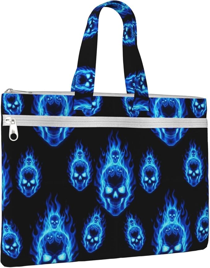 Business Document Handbag Blue Fire Flame Skull Art, Zippered Canvas File Bag with Handle for Office Meetings and Travel