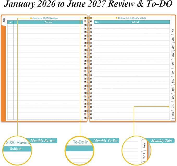 2026-2027 Monthly Planner - 18 Monthly Calendar, January 2026 - June 2027, Two Pages Per Month, 9" x11" Planner with Tabs, Strong Twin-Wire Binding, Inner Pocket, Orange