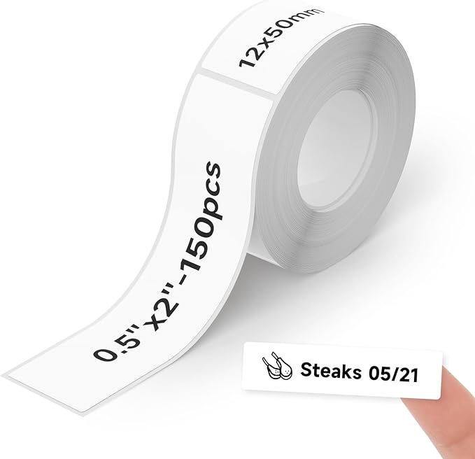 Thermal Labels DETONGER 1/2 Width Compatible Tape Refills Label Stickers Film Coatedfor Label Maker Tapes Home Office School Business Use Sticky Liquid-Proof 0.5"×2"(12×50mm) 150pcs White