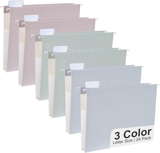 Y YOMA Letter Size - 24 Pack Extra Capacity Hanging File Folders Accordion Decorative Reinforced File Folder Cute Colored Expandable Folder for Office Home with 1/5-Cut Adjustable Tabs, Morandi Color