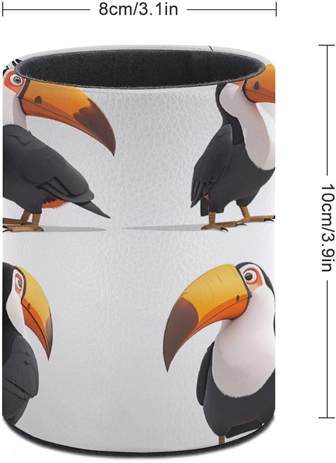 A Friendly Toucan Pencil Holder Round Pen Cup Different Poses PU Leather Marker Holder Makeup Brush Holders Desk Accessories Workspace Organizers for Home School Office