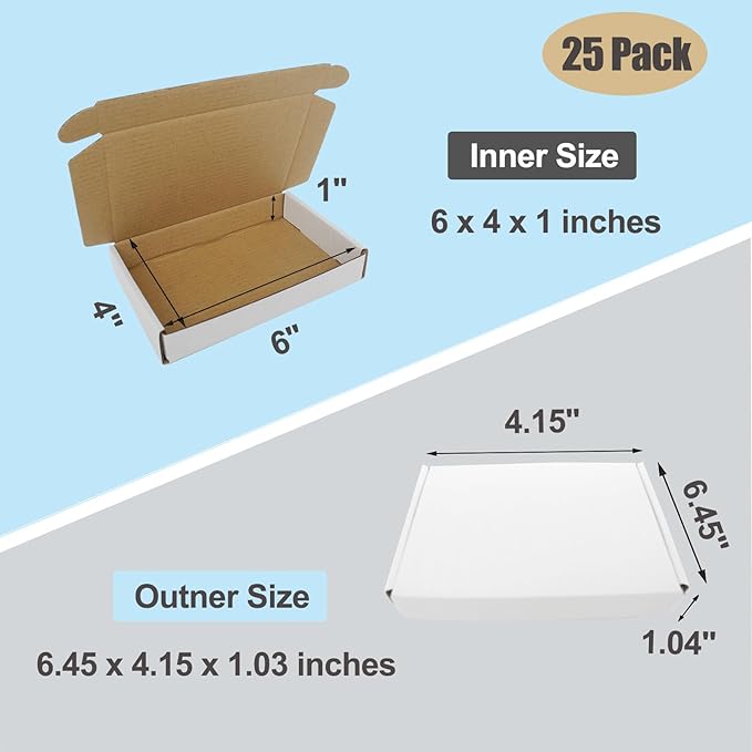 6x4x1 Boxes for Shpping Mailing, 25 Pack Small White Mailer Box Flat Corrugated Cardboard Packaging Gift Boxes Bulk Cheap Literature Mailers for Small Business