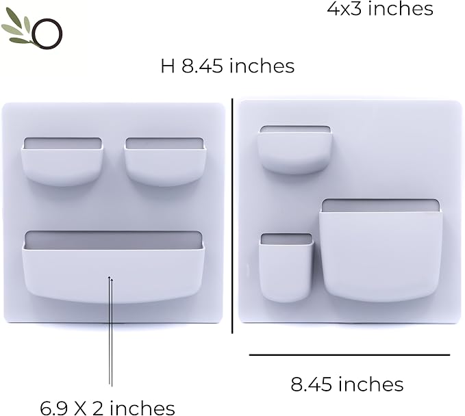 Modern Grey Wall Desk Organizer - 2 Parts, 6 Organizer Pockets, and Adhesive Holder Shelves for Easy Storage of Small Things at Home or Office. Wall Organizer Easy to Install in Ligth Grey to Decor