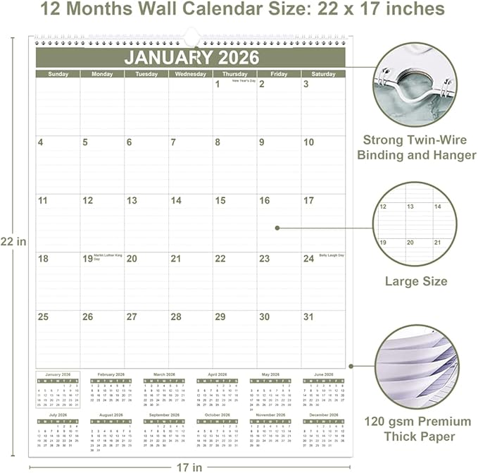 Large Calendar 2026 with Spiral Bound - 12 Month Big Calendar from January 2026 to December 2026, Vertical Large Monthly Calendario 2026 for Wall, 22" x 17", Cyan