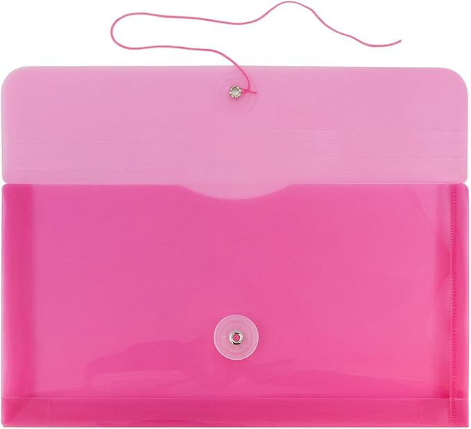 JAM PAPER Plastic Envelopes with Button & String Tie Closure - #10 Business Booklet - 5 1/4 x 10 - Fuchsia Pink - 12/Pack