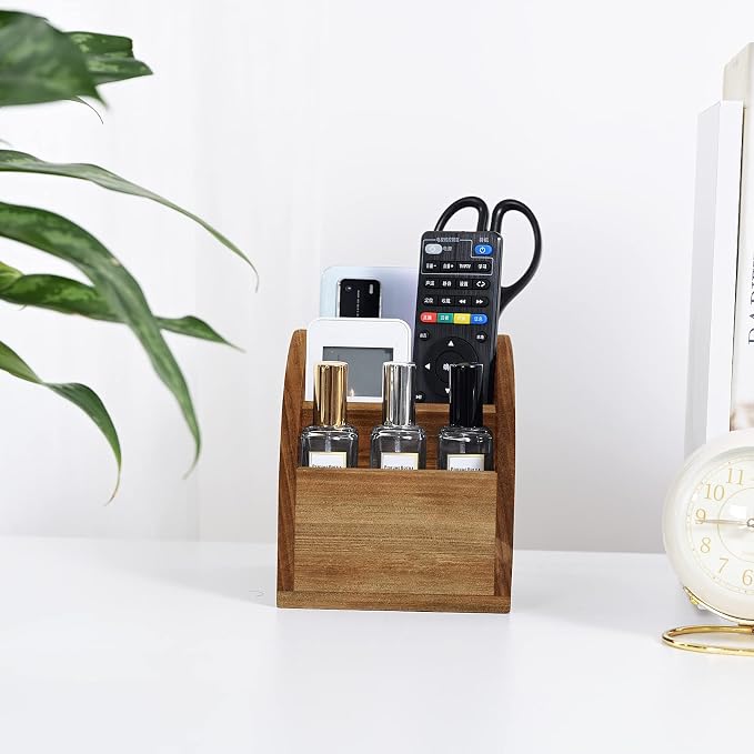 BONNY DODO Remote Control Holders Organizer Box for Table Small Solid Wooden Desk Farmhouse Home Decor Caddy Basket Store Tv Remote for Media Player,Pencil,Glassees&Office Supplies (Brown, S)