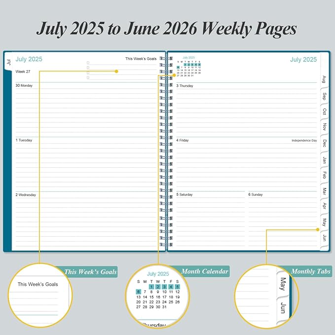 2025-2026 Planner - 8.5" x 11" Weekly Monthly Planner from July 2025 to June 2026 with 12 Monthly Tabs, Inner Pocket, Elastic Closure, Teal