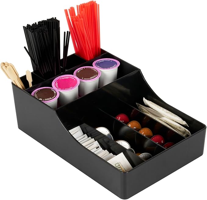 Restaurantware Restpresso Coffee Bar Organizer, 1 Count Durable 9 Compartments, Compact Size, Black Plastic Tabletop Coffee Supplies Organizer For Homes, Office Spaces, Breakrooms, and Lounges