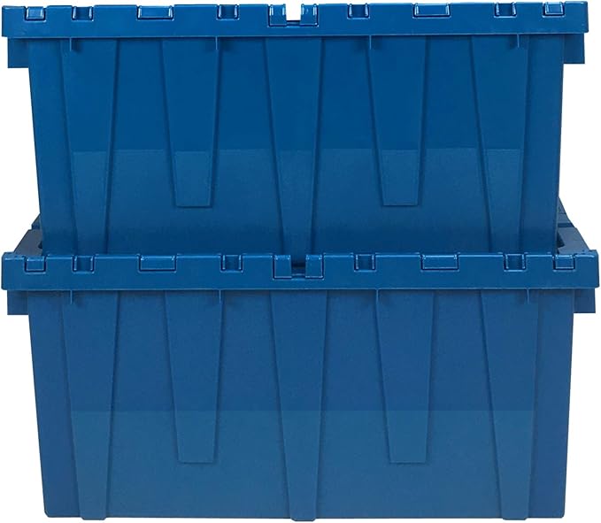 Storage and Packing Plastic Tote Crate Attached Lid Flip Top, 27"x16.9"x12.5", Blue Crates With Lids, Heavy Duty Storage Containers, Stackable Tote Bins For Storage, Moving & Home Organization
