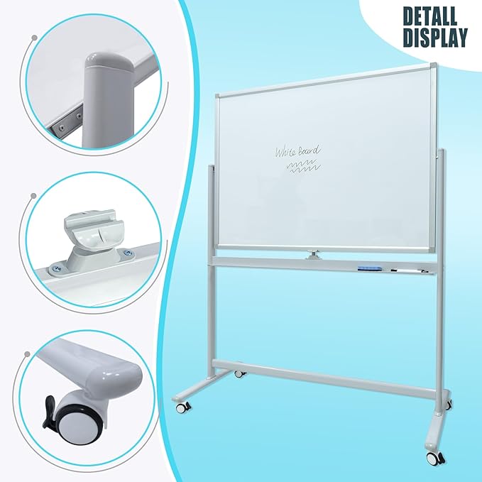 Mobile Glass White Board - Rolling Magnetic Dry Erase Board 48”x36”, Dry-Erase Glass Whiteboard on Wheels, Large Glass Board with Stand for Office, Classroom and Home