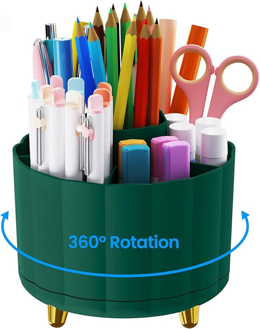 Desktop Organizer 360 Rotating, with 6 Slots Pen & Pencil Holder, Desk Caddy for Markers, pen, pencil, Space Saving Office Organization, Small Desk Essentials, Work Home, Green