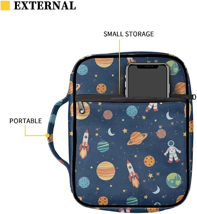 Coldinair Cartoon Bible Covers Bag for Kids,Outer Space Astronaut Carrying Book Case Church Bag Bible Holder with Handle and Zippered Pocket