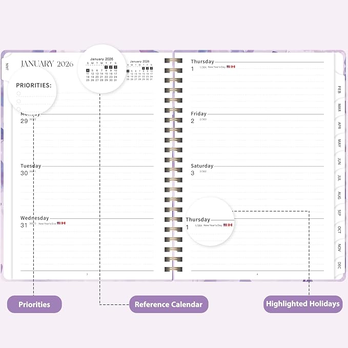 2026 Planner, Weekly and Monthly Calendar Planner, Academic Daily Agenda (Jan 2026 - Dec 2026), Hardcover Planning Notebook for Office Accessories and School Supplies, Purple Butterflies