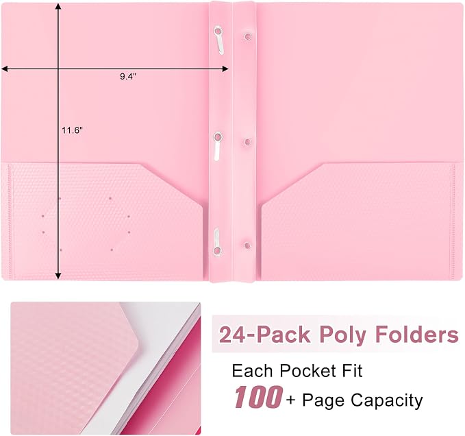 24-Pack Plastic andPockets and Prongs,2-Pocket and3 Fasteners, Pastel Folders Holds US Letter Size Paper for School/Office/Home, Pink