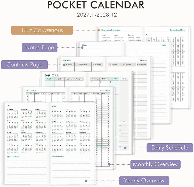 Pocket Calendar 2027-2028 for Purse, Small Pocket Planner 2027-2028 for Purse 3.5×6.5In, 24 Month Organizer from Jan 2027- Dec 2028 Mini Planner with Pvc Cover for Organizing & Planning