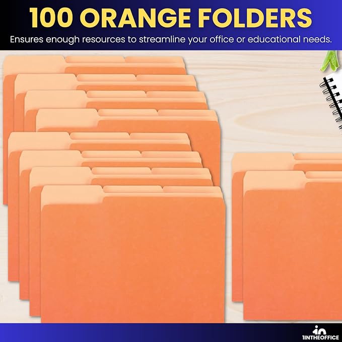 1InTheOffice Orange Folder, Orange File Folders, Durable Folder, File Folder Letter Size, 1/3 Cut Assorted Tab, 100 pcs (100)