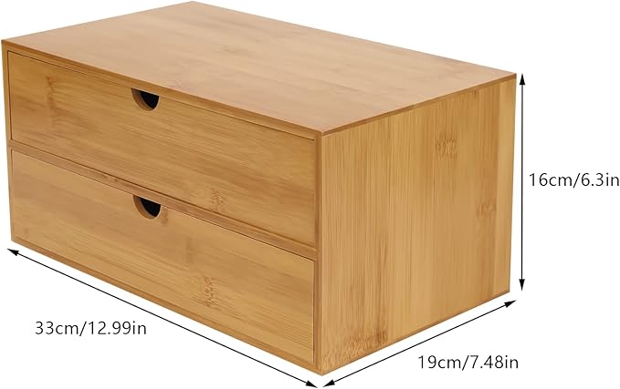 Bamboo Desk Organizer, Drawer Tabletop Storage Organization Box for Office Home Toiletries Supplies, No Assembly Required (2 Drawer)