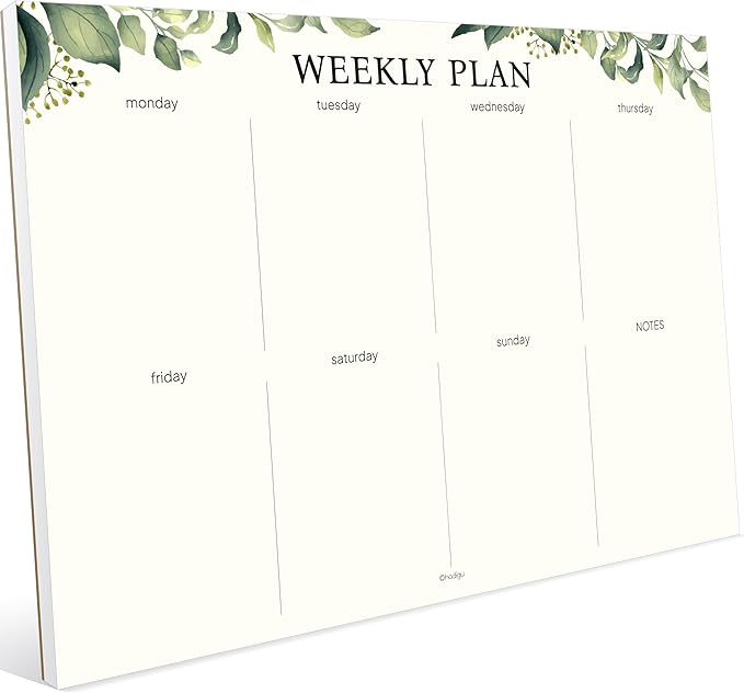 Weekly Planner Notepad, Undated Tear Off Weekly To Do List Notepad, 11.5" x 8", Eucalyptus Design on Cream Base, Premium Thick Paper and Cardboard Back Support, Desk Planner for Work, Office and Home.