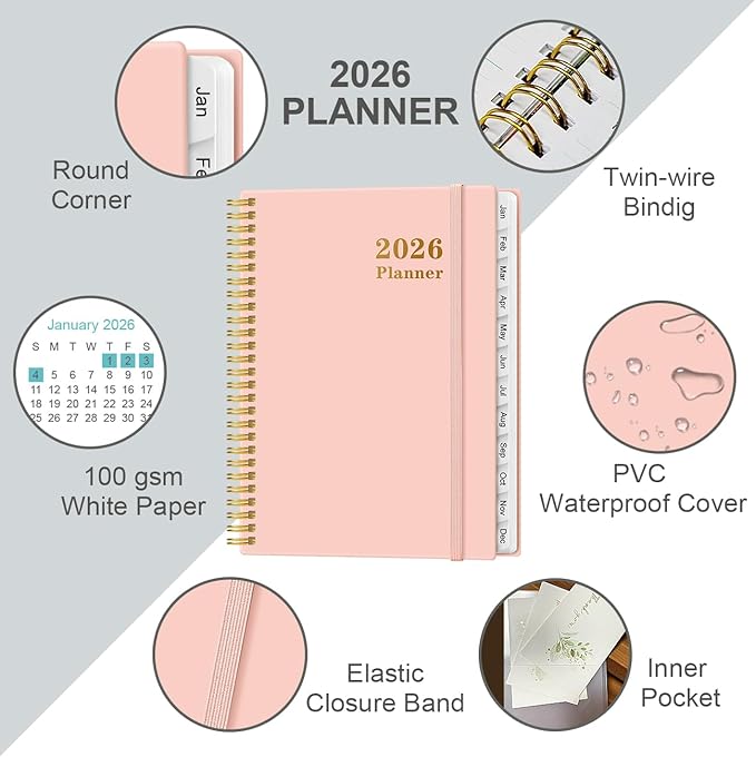 Planner 2026 For Women & Men - Monthly and Weekly Calendar Planner from January 2026 - December 2026, Student Planning with 12 Tabs for Office School Supplies, Inner Pocket, 8.5" x 11", Pink