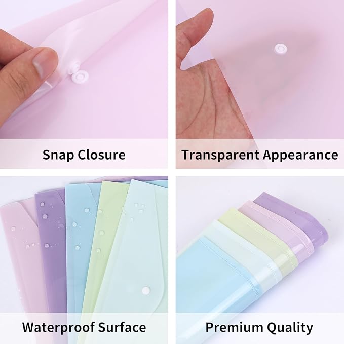 EOOUT 5pcs Plastic Envelopes Folders, Plastic Poly Folders for Documents, File Folders with Snap Closure, A4 Size, Letter Size, for School and Office Supplies