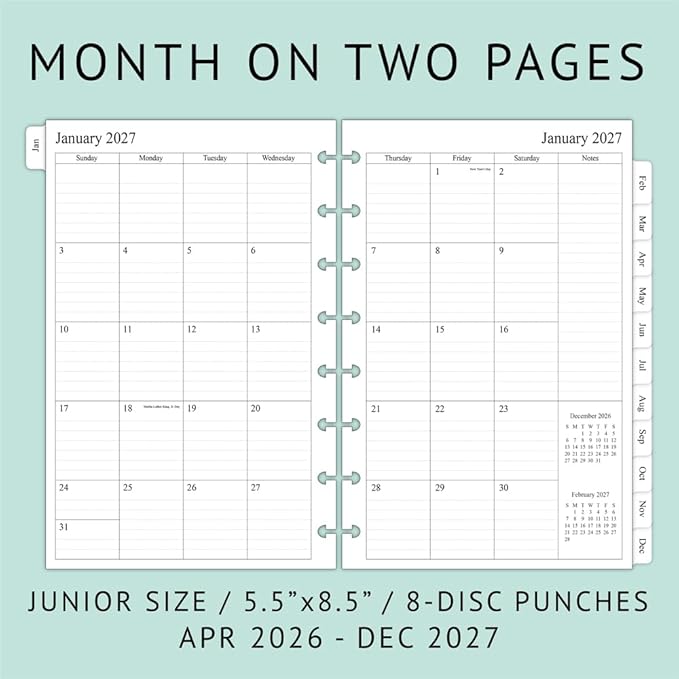newestor 2026-2027 Monthly Planner Refill for 8-Discbound Notebook, Two Pages Per Month, Apr 2026 to Dec 2027, Junior Size 5-1/2"x8-1/2"