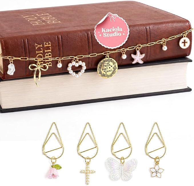Kaciola Bible Charms Chain with 4PCS Planner Charms for Bible Study, Book Spine Bookmark, Journal Accessory, Unique Faith Jewelry Gift for Women (SJ-07)