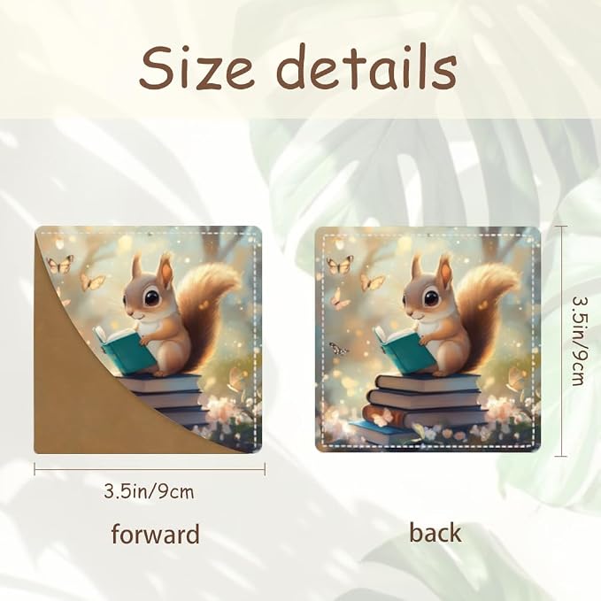 2PCS PU Leather Bookmarks 3.5x3.5 Inch Squirrel Reading Design | PU leather bookmarks with squirrel reading design for story books, class notes, journals, young readers and book lovers