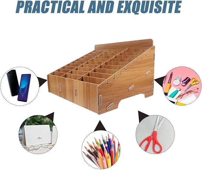 Tofficu 30-Slot Wooden Mobile Phone Storage Box with Multi-Compartment Organizer for Classroom Office and Meeting Room Desktop Use 7.3X9.3X7.3 Inches