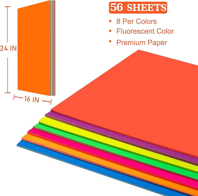 Poster Board 16X24 Inches,56 Sheets Neon Paper 7 Color Fluorescent Paper Bright Cardstock 250 GSM/90 lb Heavyweight Projects School Science Fair Event Displays and Business Presentations