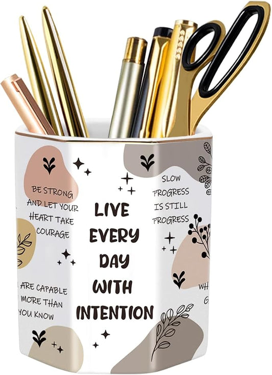 Cute Pen Holder for Desk, Ceramic Pencil Holder, Makeup Brush Holders, Desktop Stationery Organizer for School Students Office Women Teens Girls Boys, Words