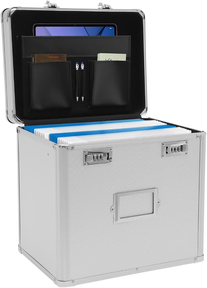 Locking File Organizer Box,Portable File Organizer Storage Chest with Handle Letter Box,13.8 x 10 x 13.4 Inch Metal File Cabinet for Filing Office Documents Letter/Legal File Storage (Silver)