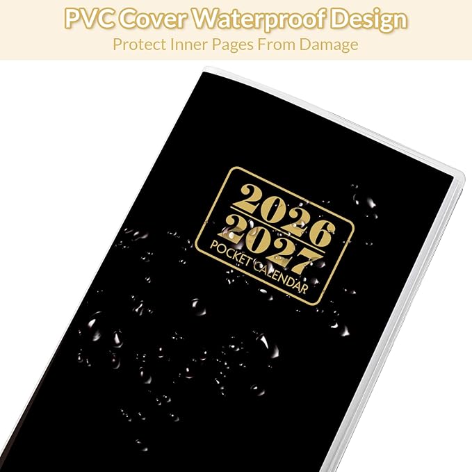 Pocket Calendar 2026-2027, Monthly Purse Planner (6.7" x 3.7") Runs from January 2026 to December 2027, Solid Black Pocket Calendar with PVC Cover for Planning, Organizing, and Office Use