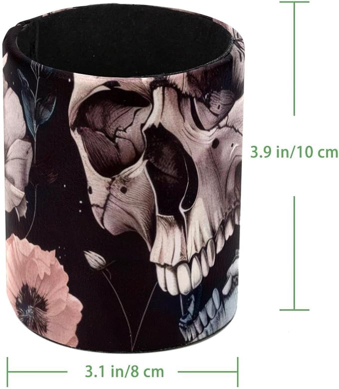 Pen Holder for Desk, Skulls Pink Flowers Retro Art Pattern Leather Pencil Cup for Desk, Round Pencil Holder Desk Organizer for Home, School, Office, Classroom