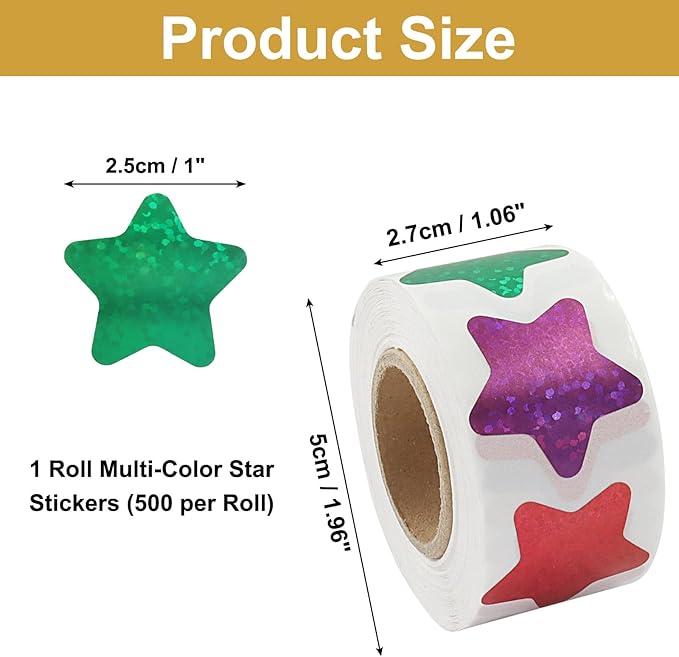 500 Pcs 1 Inch Colored Star Stickers, Glitter Self Adhesive Star Labels for DIY Crafts Classroom Student Planner Teachers Supplies (1 Roll)