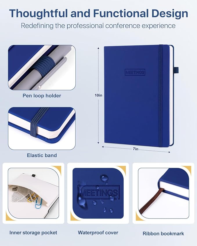 WEMATE Meeting Notebook for Work, Work Planner Notebook with Action Items, B5 Size Project Planner, Easily Take Meeting Notes & Keep Agendas on Track, Calender, Index Page, Inner Pocket, 7×10 Inch, Dark Blue