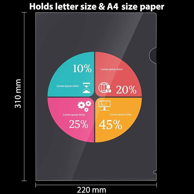 WOT I 24 Pack Plastic Clear Document Folders - L-Type Folders Copy Safe Project Pockets, for A4/ Letter Size Sheets, Transparent Color