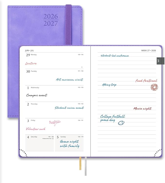 POPRUN 2026-2027 Pocket Planner (Size 4''x 6.25'') Weekly and Monthly Academic Calendar (JUL.26 - JUN.27) with Note Page and Monthly Tabs, Inner Pocket, Leather Soft Cover, 100 GSM - Lilac