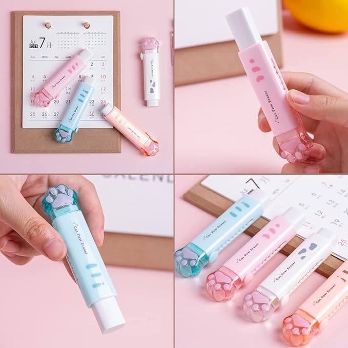 4 Pcs Cat Paw Retractable Erasers, Cute Cat Rubber for Kids, Push-Pull Rubber Eraser for Students Writing Office School Supplies