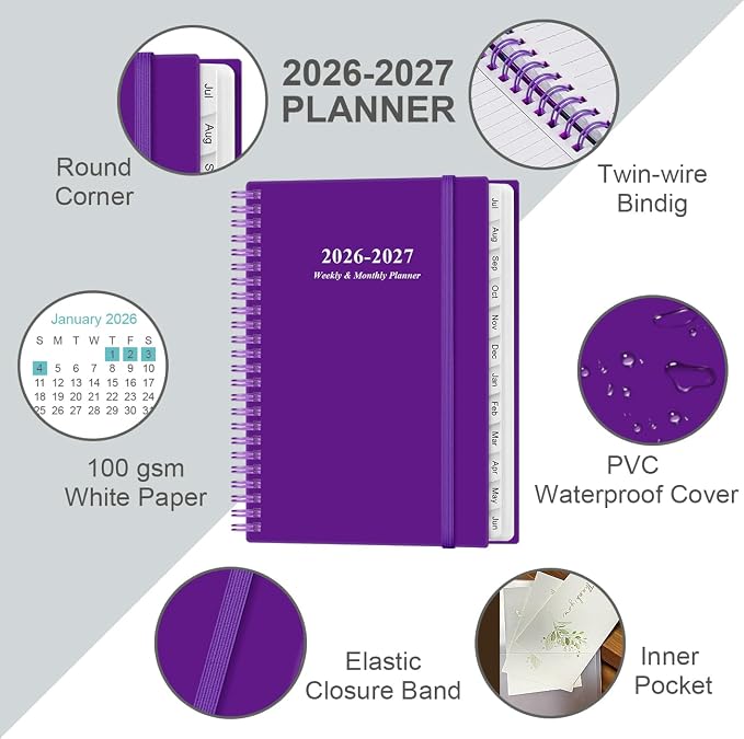 2026-2027 Planner - A5 Weekly & Monthly Planner Spiral Bound, July 2026 - June 2027, with Flexible Cover, Tabs, Inner Pocket, 6.4" x 8.5", Purple
