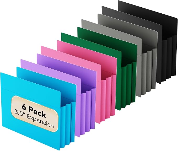 Plastic 3.5" Expanding File Pockets Extra Capacity,6 Pack Poly File Pockets Letter Size, Heavy Duty Expandable File Jacket Folder,File Jacket for Bulky Files,Assorted Colors
