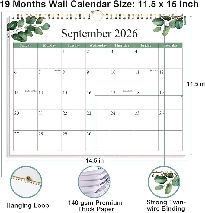 2026-2027 Calendar - Calendar 2026-2027 from June 2026 - December 2027, 19 Months Calendar with Premium Paper, Twin-Wire Binding & Hanging Hook, 12" x 14.5", Green Leaf