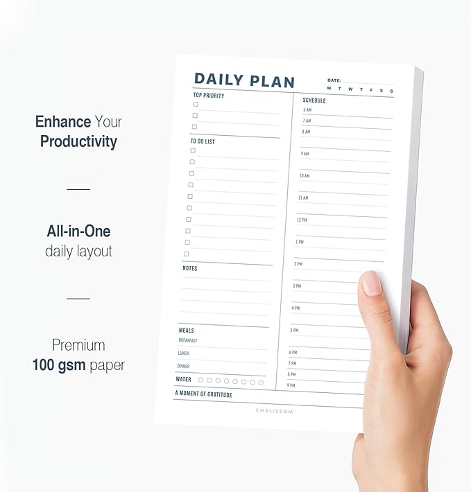 Daily Planner Notepad, 5.5 x 8.5" Tear-Off Pad – 70 Undated Sheets Focus-Enhancing Desktop Organizer with Hourly Schedule, To-Do List for Work, School (White, Minimalist, 1 Pack)