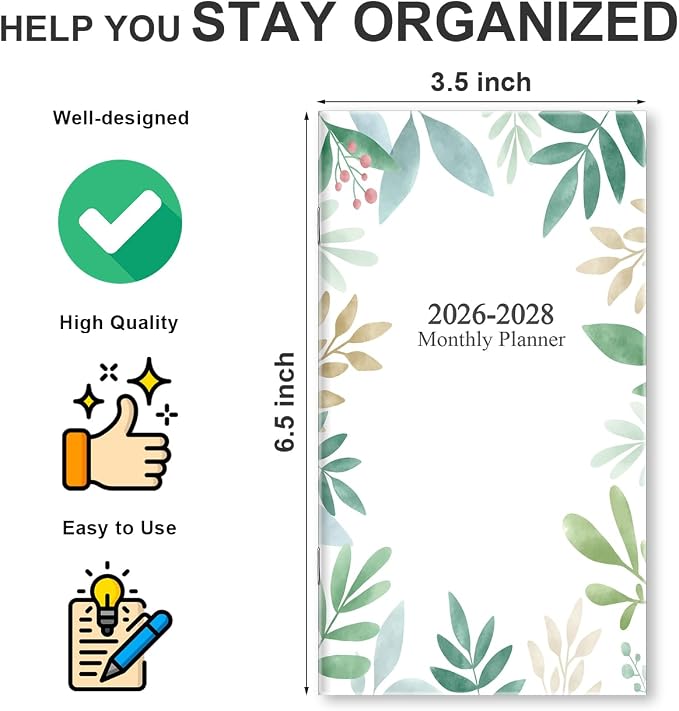 2026-2027 Pocket Calendar for Purse – Mini Monthly Planner from July 2026 to June 2028, 2 Year Monthly Calendar for Organizing & Planning, 3.5" x 6.5", Green Leaf - A
