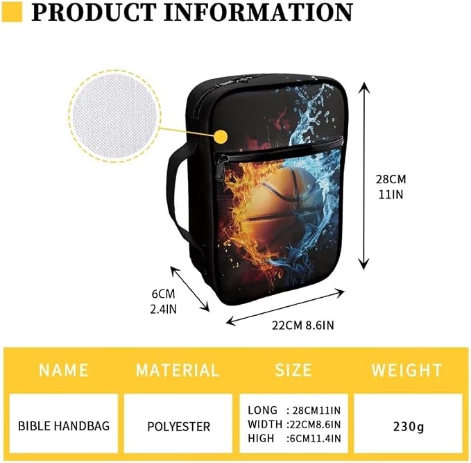 Coldinair Large Bible Cover with Handle and Bookmark Bible Carrying Book Case for Kids Teen Nylon Church Bag Bible Protective for Men,Basketball Water Flame Standard Large Size Bible Covers