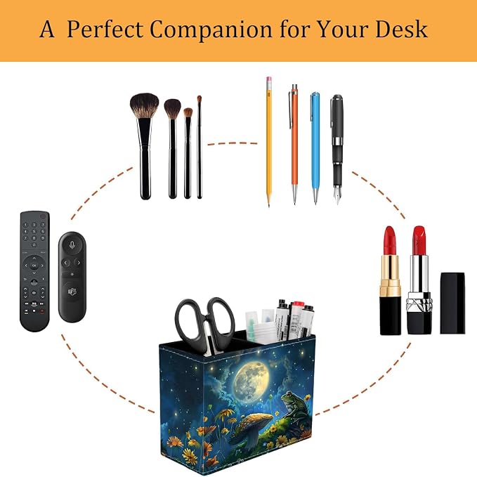 Pen Holder for Desk, PU Leather Multifunctional Desktop Storage Box and Anti-Slip Mouse Pad Set, Makeup Brush Holder Pen Organizer for Office and Home - Frog Mushroom